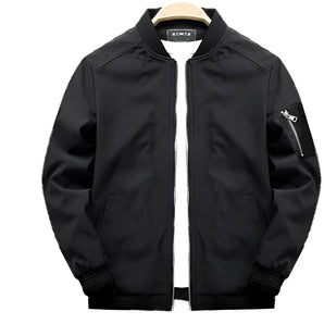 Men's black lightweight bomber jacket with ribbed cuffs, arm pocket, and a sleek collar design, shown in a size 4XL.