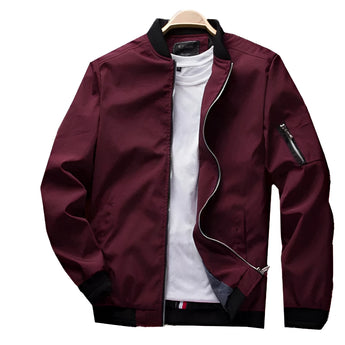 Men's black lightweight bomber jacket featuring an arm pocket and ribbed cuffs, shown in a Bordeaux color variant, size 4XL.