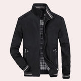 Men's black lightweight bomber jacket featuring a zip-up front, long sleeves, and a casual collar, designed for spring fashion in size 4XL.