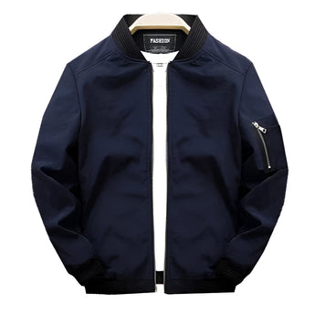Men's bomber jacket in marine blue with a lightweight design, featuring an arm pocket and ribbed cuffs, shown in size 4XL.
