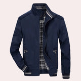 Men's marine blue lightweight bomber jacket with a casual zip-up front, featuring a collar and long sleeves, suitable for spring fashion in size 4XL.
