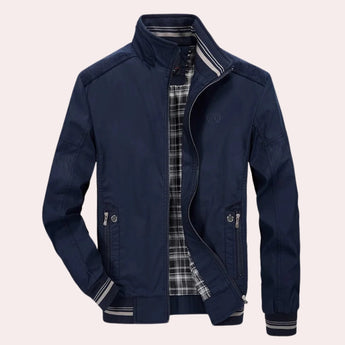 Men's marine blue lightweight bomber jacket with a casual zip-up front, featuring a collar and long sleeves, suitable for spring fashion in size 4XL.