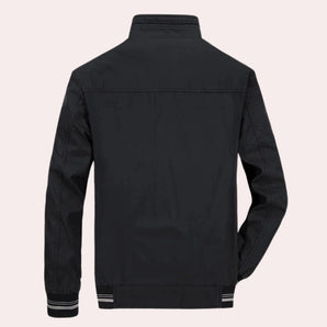 Men's black lightweight bomber jacket with zip-up front and ribbed collar, designed for casual spring fashion.