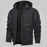 Men's black lightweight hooded bomber jacket in size 3XL, featuring a trendy design with multiple pockets, long sleeves, and a comfortable collar.