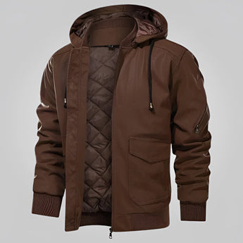 Men's brown lightweight hooded bomber jacket in size 3XL, featuring multiple pockets, a collar, and long sleeves.