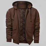 Men's lightweight black hooded bomber jacket with multiple pockets, featuring long sleeves and a full-length front zipper, designed with a casual and trendy style for versatile outerwear.