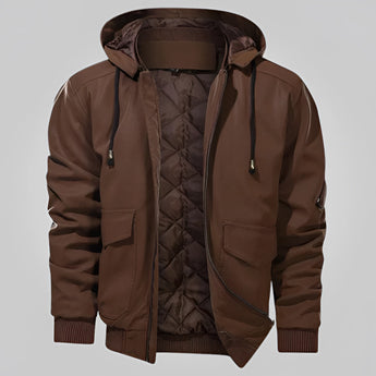 Men's lightweight black hooded bomber jacket with multiple pockets, featuring long sleeves and a full-length front zipper, designed with a casual and trendy style for versatile outerwear.