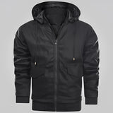 Men's black lightweight hooded bomber jacket with multiple pockets, featuring long sleeves, a collar, and button details.