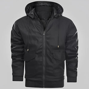 Men's black lightweight hooded bomber jacket with multiple pockets, featuring long sleeves, a collar, and button details.