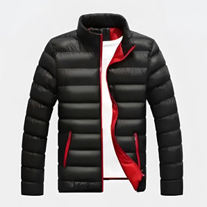 Men's black lightweight insulated puffer jacket in size 4XL, featuring a water-resistant material with long sleeves, a high collar, and a sleek design suitable for outdoor sportswear.