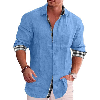 Men's blue linen shirt with contrast cuffs, shown in short roll-up sleeves, paired with jeans in a casual style. The shirt is displayed in size 4XL and is designed for a relaxed summer look.