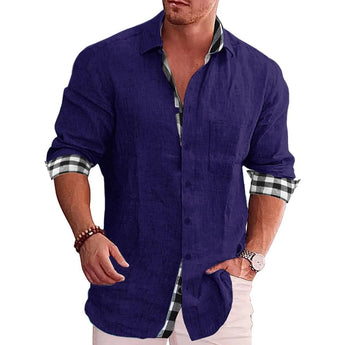 Men's purple 4XL black linen shirt with contrast cuff, featuring roll-up sleeves, showcased with a watch on the arm.
