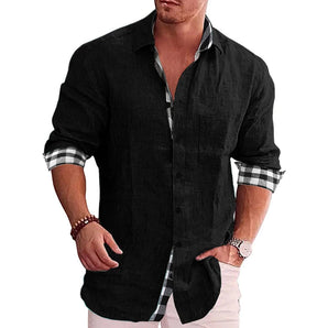 Men's black linen shirt with roll-up sleeves and contrast cuffs, featuring a collar and button-up design, worn by a person in a 4XL size.