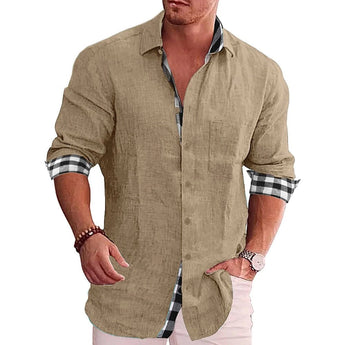Men's black linen shirt with contrast cuff, roll-up sleeves, and khaki color detail, displayed on a model showcasing the shirt's fit and design.