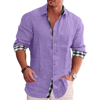 Men's black linen roll-up sleeve shirt with lavender contrast cuffs in size 4XL, showcasing the shirt's casual and stylish design elements including the rolled-up sleeves and visible detailing on the cuffs and neckline.