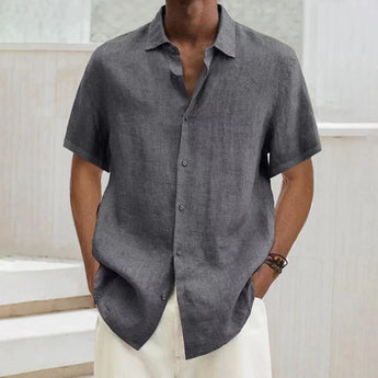 Men's dark gray linen short sleeve summer shirt, lightweight and breathable, featuring a collar and button-up design.