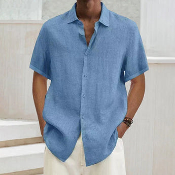 Men's light blue linen short sleeve summer shirt in size 5XL, displayed on a mannequin, showcasing lightweight and breathable fabric suitable for warm weather.