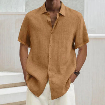 Men's lightweight and breathable short sleeve summer shirt in khaki color, featuring a classic collar and button-up front, suitable for casual or dressy occasions.