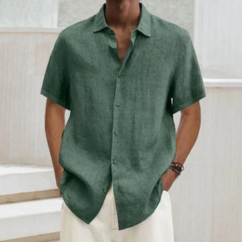 Men's green linen short sleeve summer shirt in size 5XL, featuring lightweight and breathable fabric.