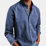 Men's black long sleeve casual shirt with a classic collar, featuring a stylish and lightweight design, shown in sapphire blue color, size XL.