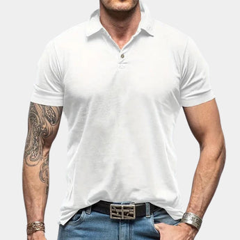 Men's black muscle-fit polo shirt with athletic stretch fabric, featuring short sleeves and a snug fit, highlighting arm muscles, worn by a model gesturing with their arm.