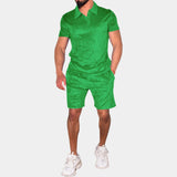 Men's green polo and shorts set in a 3XL size, featuring a slim fit design with breathable fabric suitable for summer wear. The outfit is modeled by a person standing, showcasing the short sleeves and overall fit.