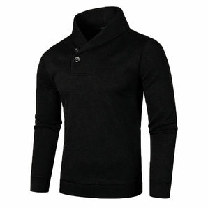 Men's black shawl collar slim fit sweater in a 2XL size, featuring long sleeves and button details, designed for winter wear with an urban chic style.