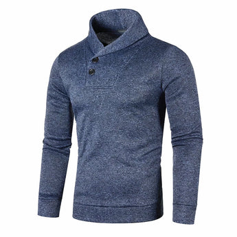 Men's navy blue shawl collar sweater in slim fit with button detailing, featuring long sleeves and a stylish collar, perfect for urban chic winter wear.