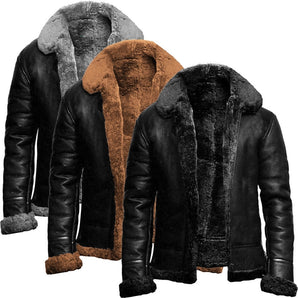 Men's black leather bomber jacket featuring a shearling lining and a faux-fur collar, showcasing long sleeves and a classic outerwear design.