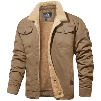 Men's khaki military-style winter jacket, size 3XL, with a sherpa lining, featuring long sleeves and a collar, designed for thermal insulation and warmth.