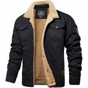 Men's black sherpa-lined military winter jacket in size 3XL, featuring a button-up front, long sleeves, and a warm, thermal-insulated design with a classic collar and multiple pockets.