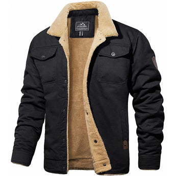 Men's black sherpa-lined military winter jacket in size 3XL, featuring a button-up front, long sleeves, and a warm, thermal-insulated design with a classic collar and multiple pockets.