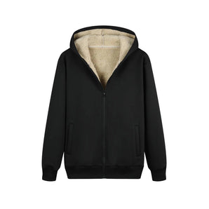 Men's black thermal fleece hoodie with sherpa lining, featuring long sleeves and a high collar for added warmth, designed for winter wear.