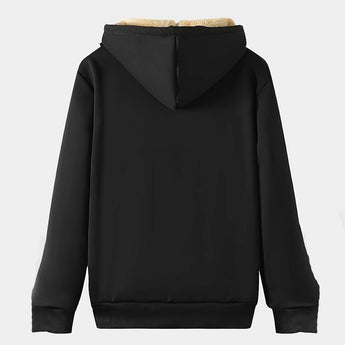 Men's black sherpa-lined thermal fleece hoodie with long sleeves, front pockets, and warm lining, designed for winter wear.