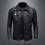 Men's black slim fit biker leather jacket with a classic and durable design, featuring a sleek collar, long sleeves, and button details.