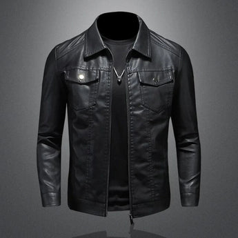 Men's black slim fit biker leather jacket with a classic and durable design, featuring a sleek collar, long sleeves, and button details.