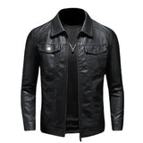 Men's black slim fit biker leather jacket with full sleeves, featuring a classic collar and button details, suitable for formal wear.