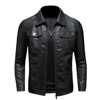 Men's black slim fit biker leather jacket with full sleeves, featuring a classic collar and button details, suitable for formal wear.