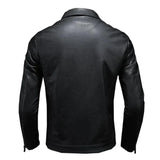 Men's black slim fit biker leather jacket with a classic collar, front pockets, and long sleeves, designed for a sleek and durable look.
