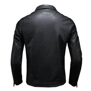 Men's black slim fit biker leather jacket with a classic collar, front pockets, and long sleeves, designed for a sleek and durable look.