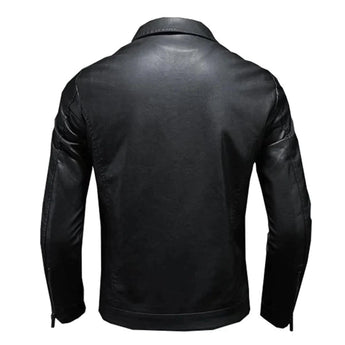 Men's black slim fit biker leather jacket with a classic collar, front pockets, and long sleeves, designed for a sleek and durable look.