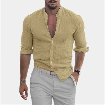 Men's black slim fit casual shirt with a textured v-neck design, featuring rolled sleeves and displayed in a khaki color for size 3XL.