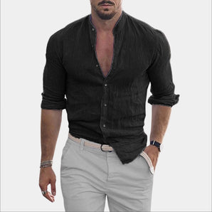 Men's black slim fit casual shirt featuring a textured V-neck design, rolled sleeves, and tailored fit, shown in 3XL size.