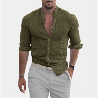 Men's green slim fit casual shirt with a textured v-neck and rolled sleeves, worn by a bearded model showcasing a muscular build, with the shirt highlighting the neck and waist areas.