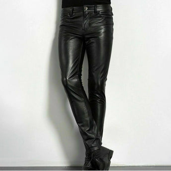 Men's black slim fit designer motorcycle leather pants featuring a sleek and stylish design, showcasing the thigh and knee areas with precision, suitable for fashionable and edgy looks.