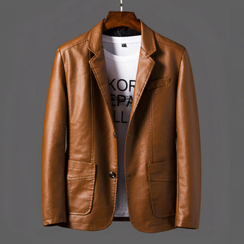 Men's brown slim fit leather jacket in a blazer style with a button-front closure, featuring a classic collar and long sleeves, suitable for both casual and formal wear.