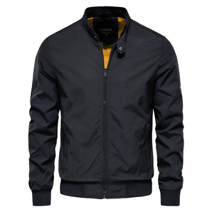 Men's black slim fit lightweight bomber jacket in size 5XL with a water-resistant finish, featuring a classic collar and long sleeves.