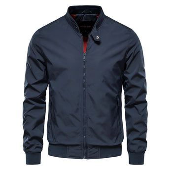 Men's black slim fit lightweight bomber jacket featuring a water-resistant material with a sleek collar and long sleeves, displayed on a hanger against a neutral background.