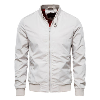 Men's black slim fit bomber jacket with water-resistant material, featuring a lightweight design, a collar, and long sleeves. The jacket is suitable for both casual and formal wear.