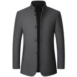 Men's gray slim fit luxury winter coat with high-collar, featuring a buttoned closure and tailored design, suitable for formal wear.